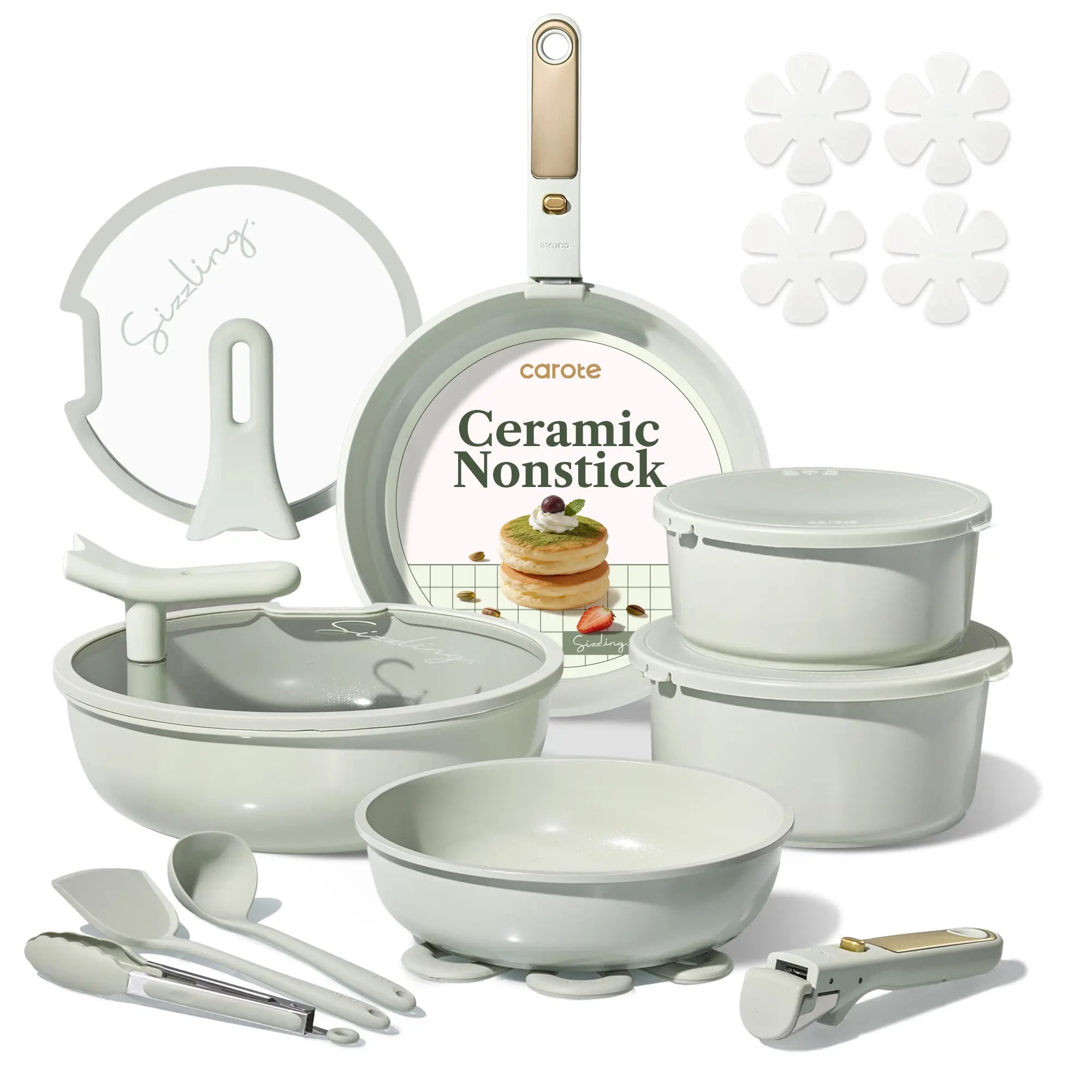 [Official] CAROTE Macaron Color 20Pcs Ceramic Cookware Set Stand-Up Lid with Detachable Handle Set, Non Stick Pots and Pans Set Non Toxic, PFAS Free