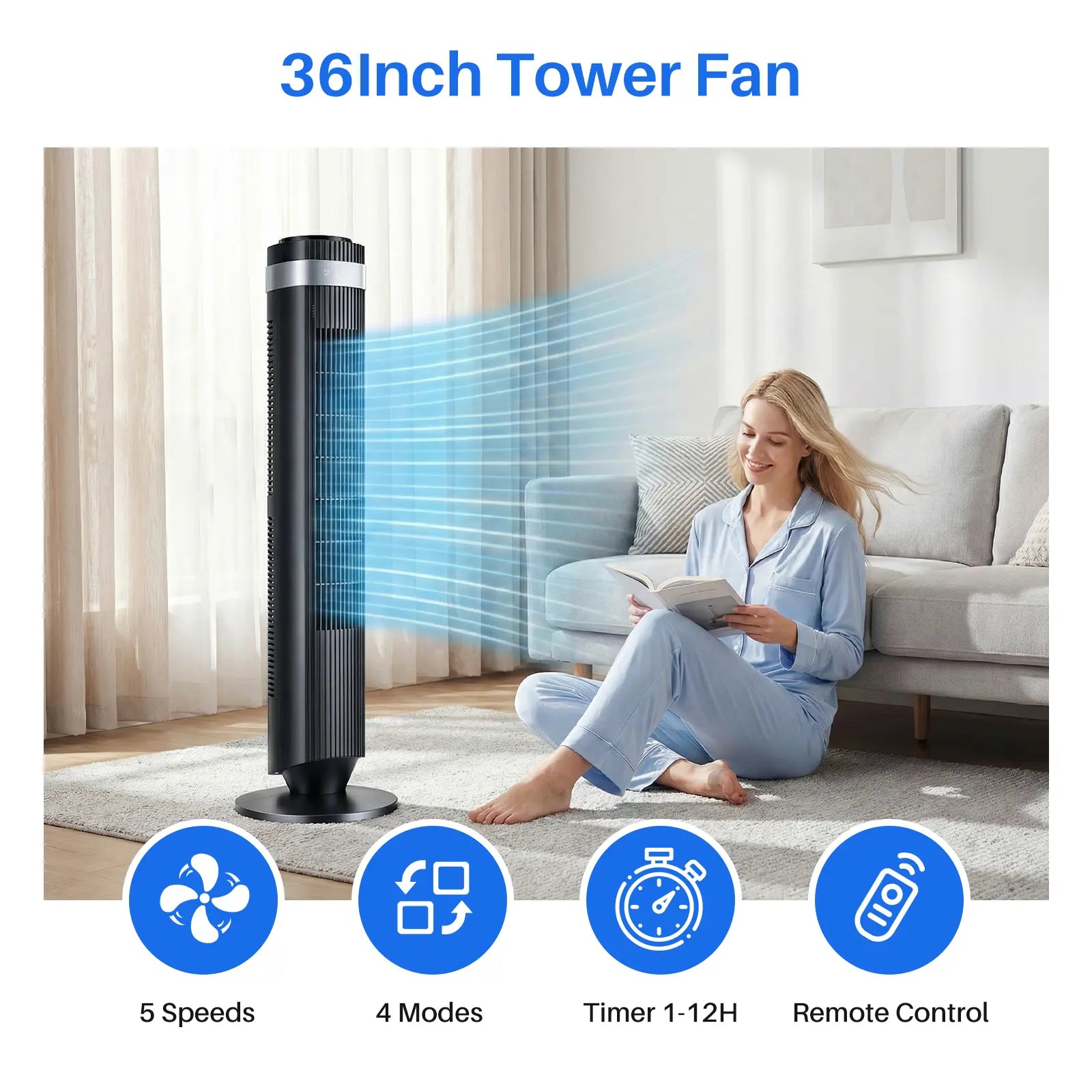 【New】Tower Fan for Bedroom, 28Db Silent Standing Fan with 12H Timer, Smart Auto Mode, 64° Oscillating Bladeless Cooling Fan for Home Office, Black
