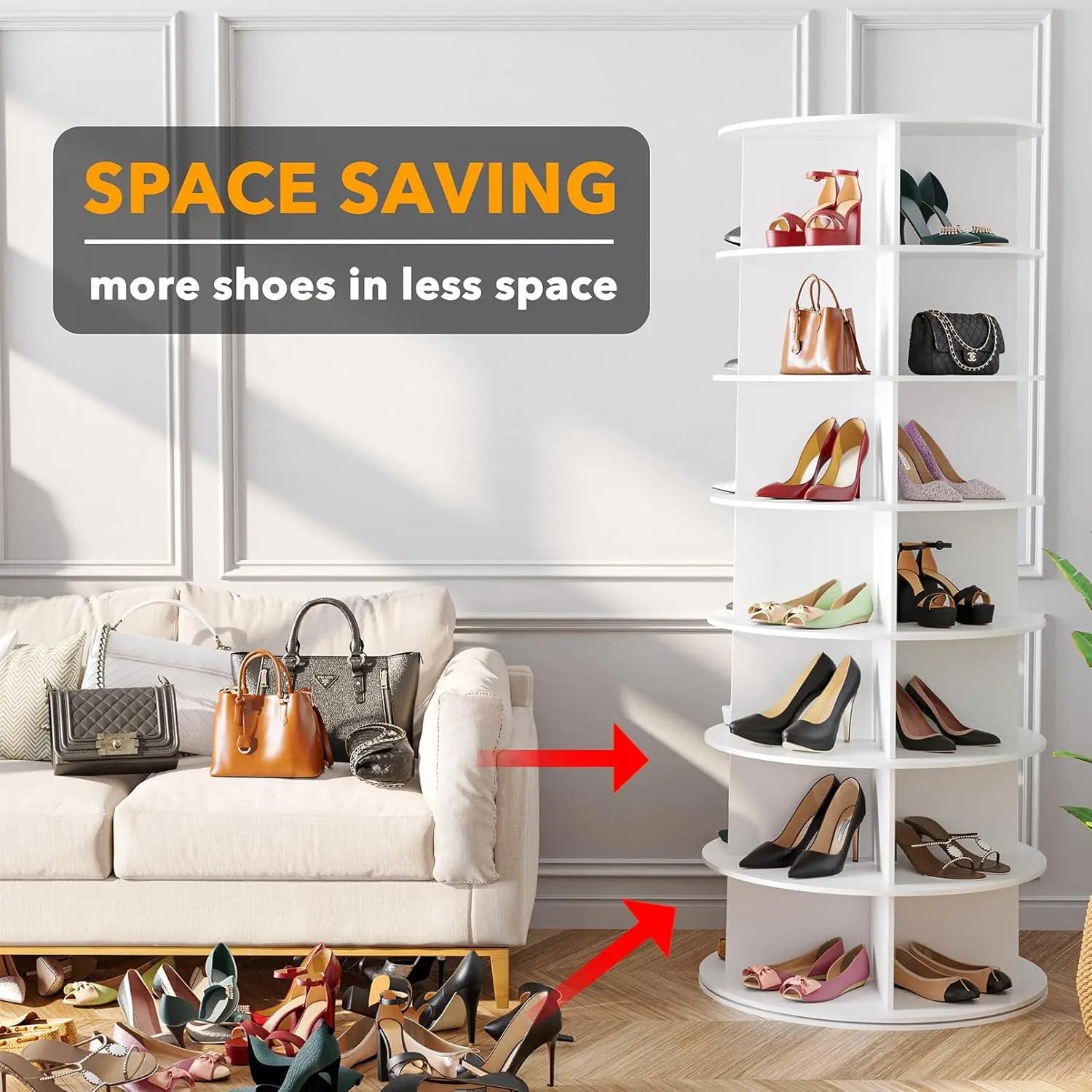 7 Tiers Rotating Shoe Rack Tower, 360° Spinning Shoe Rack, Revolving Storage round Carousel Display, Freestanding Lazy Susan Organizer Display for Bedroom, Living Room, Entryway, Closet, White