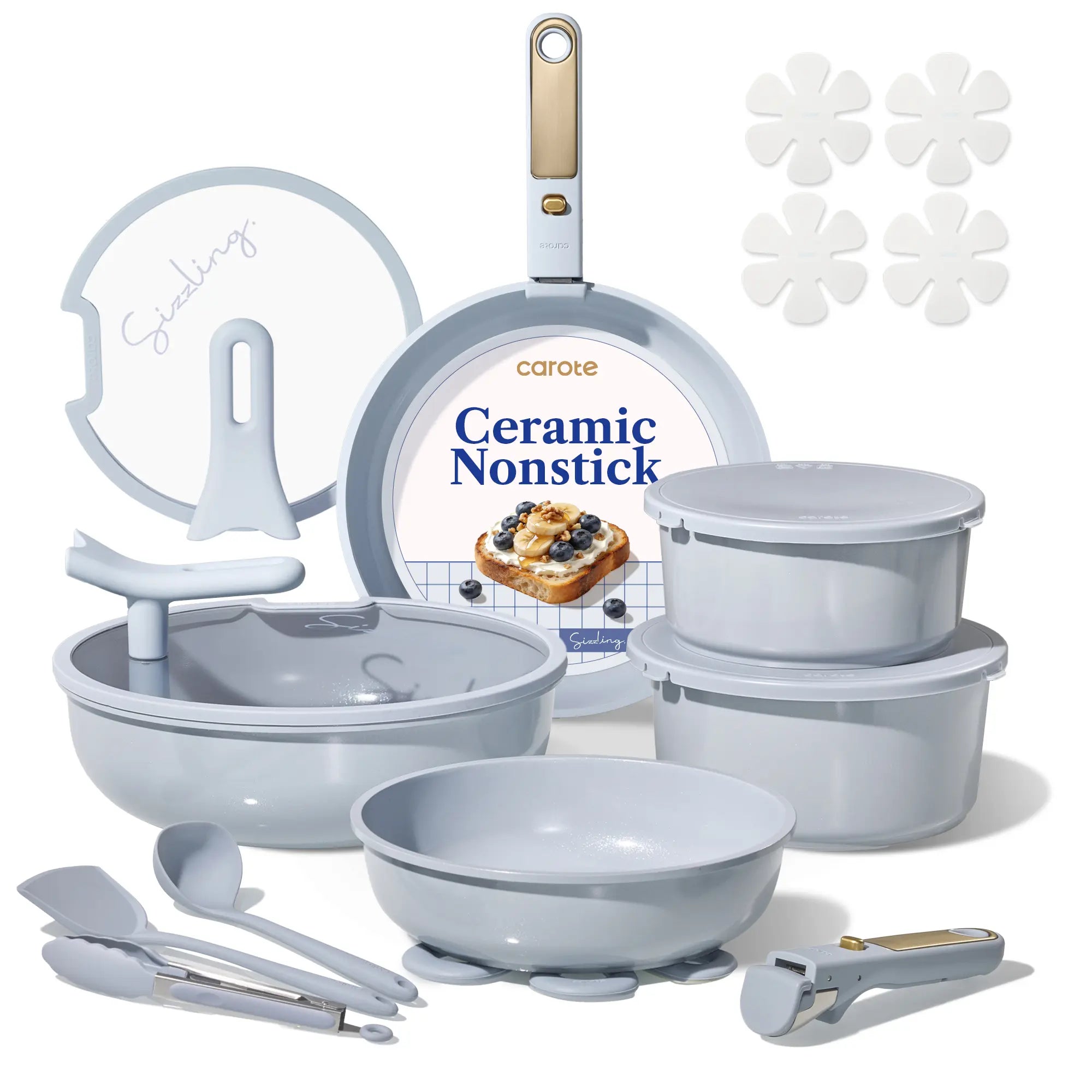 [Official] CAROTE Macaron Color 20Pcs Ceramic Cookware Set Stand-Up Lid with Detachable Handle Set, Non Stick Pots and Pans Set Non Toxic, PFAS Free