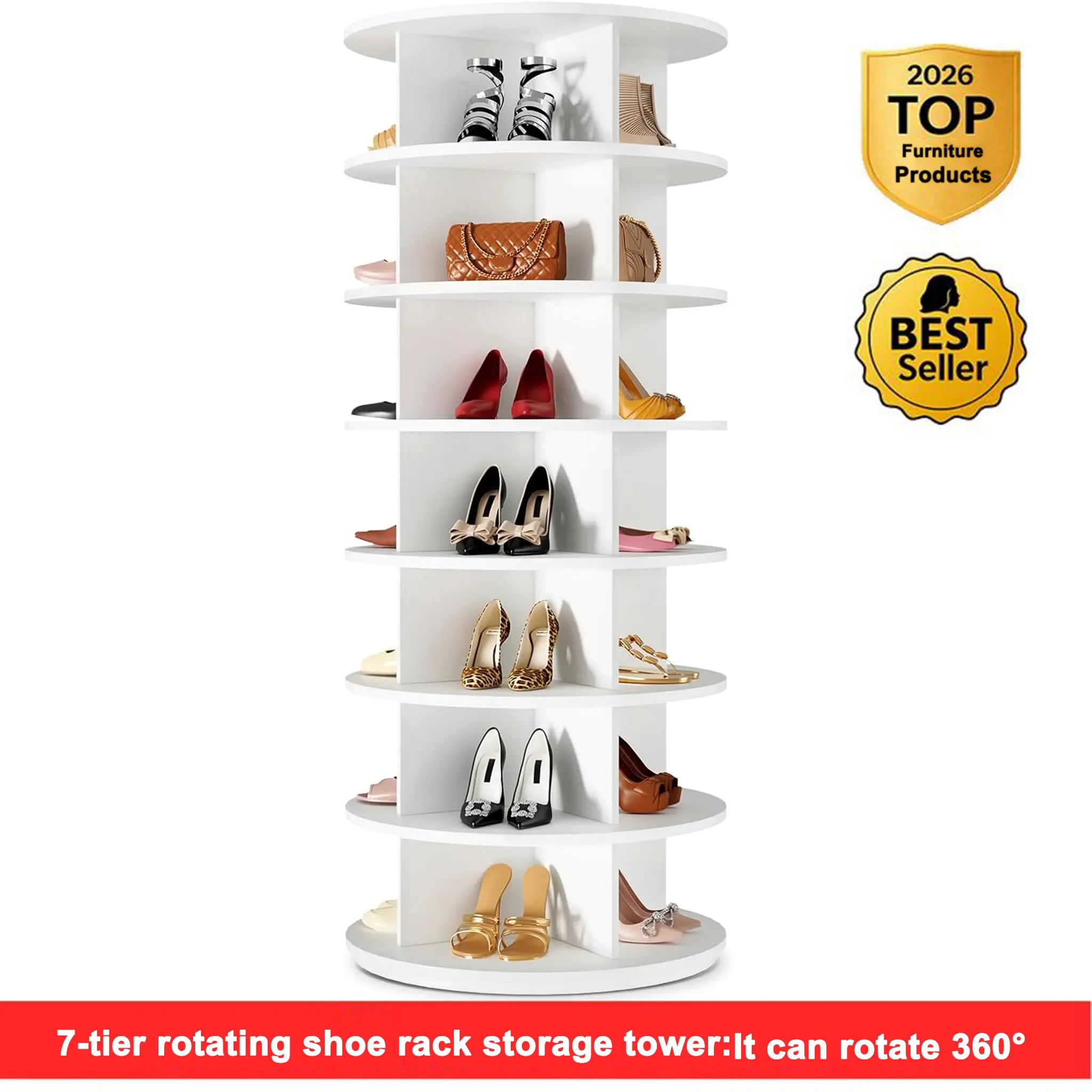 7 Tiers Rotating Shoe Rack Tower, 360° Spinning Shoe Rack, Revolving Storage round Carousel Display, Freestanding Lazy Susan Organizer Display for Bedroom, Living Room, Entryway, Closet, White