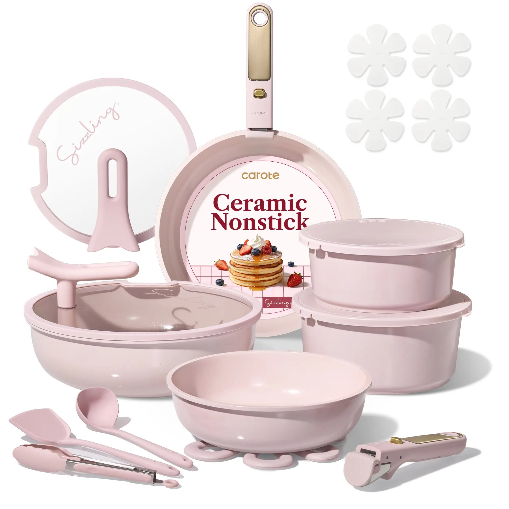 [Official] CAROTE Macaron Color 20Pcs Ceramic Cookware Set Stand-Up Lid with Detachable Handle Set, Non Stick Pots and Pans Set Non Toxic, PFAS Free