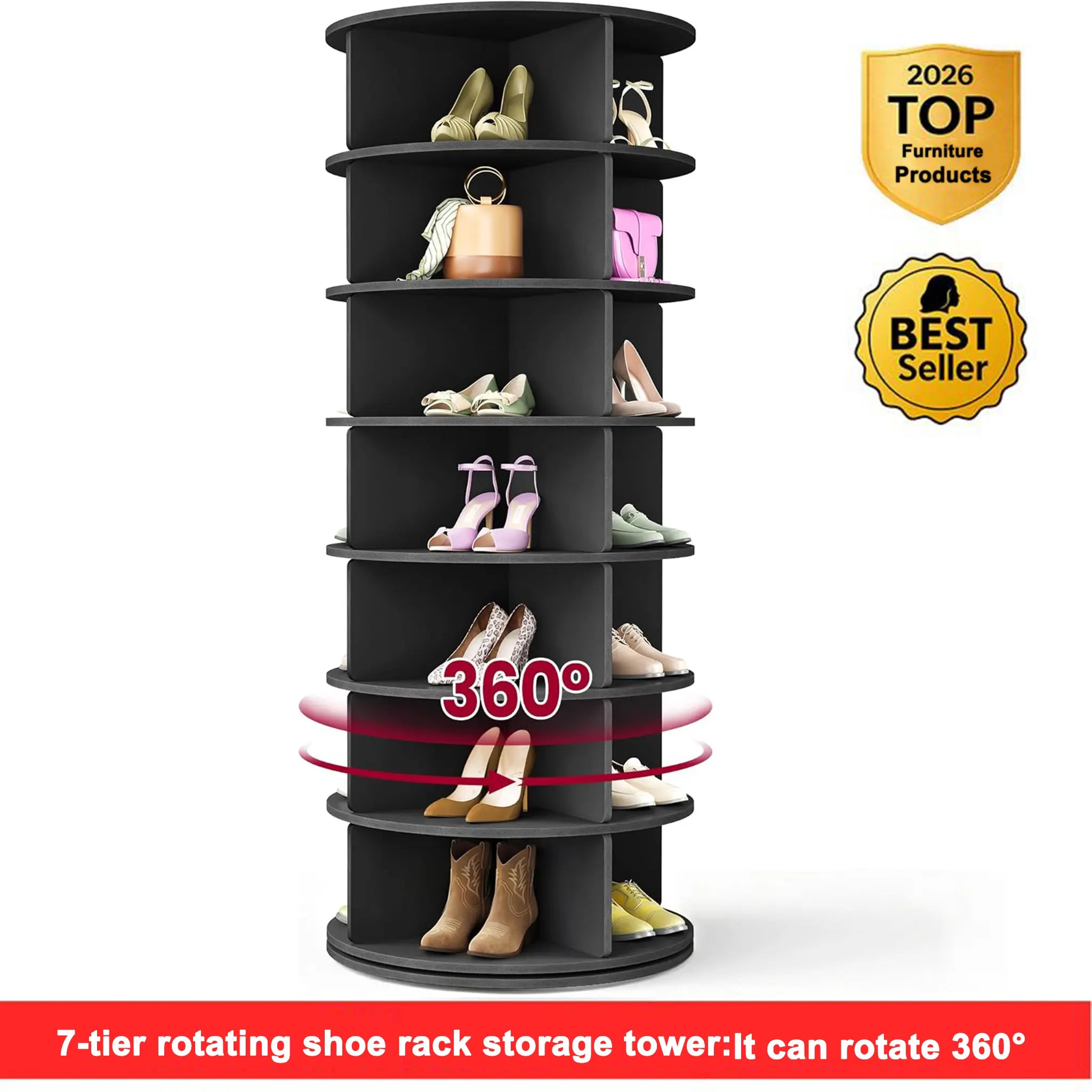 7 Tiers Rotating Shoe Rack Tower, 360° Spinning Shoe Rack, Revolving Storage round Carousel Display, Freestanding Lazy Susan Organizer Display for Bedroom, Living Room, Entryway, Closet, White