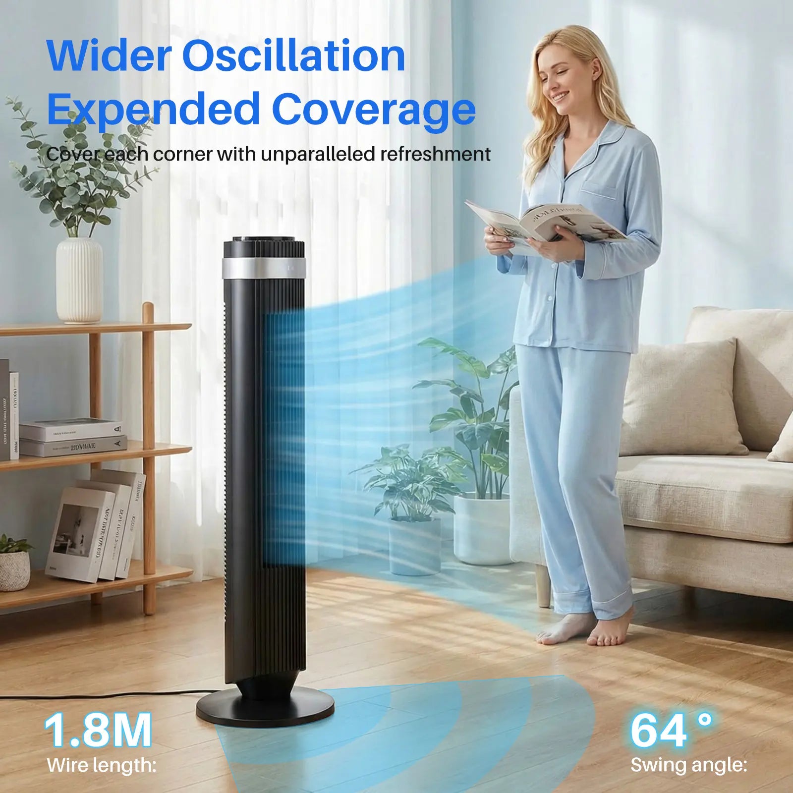 【New】Tower Fan for Bedroom, 28Db Silent Standing Fan with 12H Timer, Smart Auto Mode, 64° Oscillating Bladeless Cooling Fan for Home Office, Black