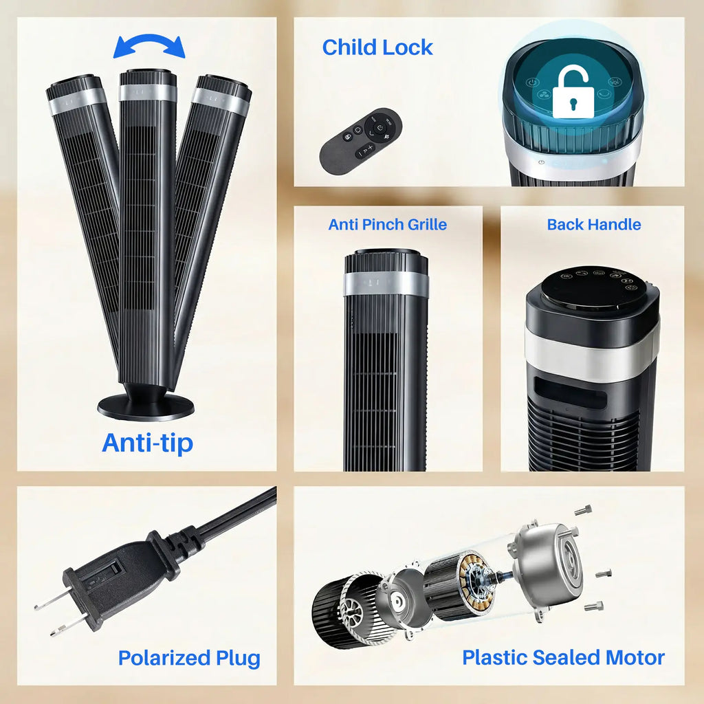 【New】Tower Fan for Bedroom, 28Db Silent Standing Fan with 12H Timer, Smart Auto Mode, 64° Oscillating Bladeless Cooling Fan for Home Office, Black