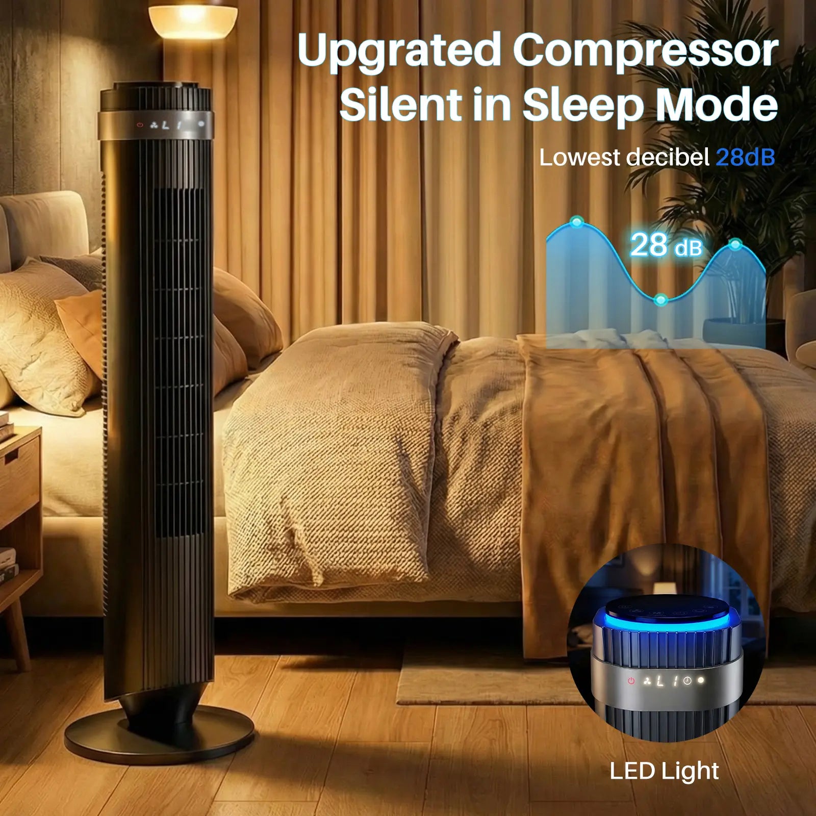 【New】Tower Fan for Bedroom, 28Db Silent Standing Fan with 12H Timer, Smart Auto Mode, 64° Oscillating Bladeless Cooling Fan for Home Office, Black