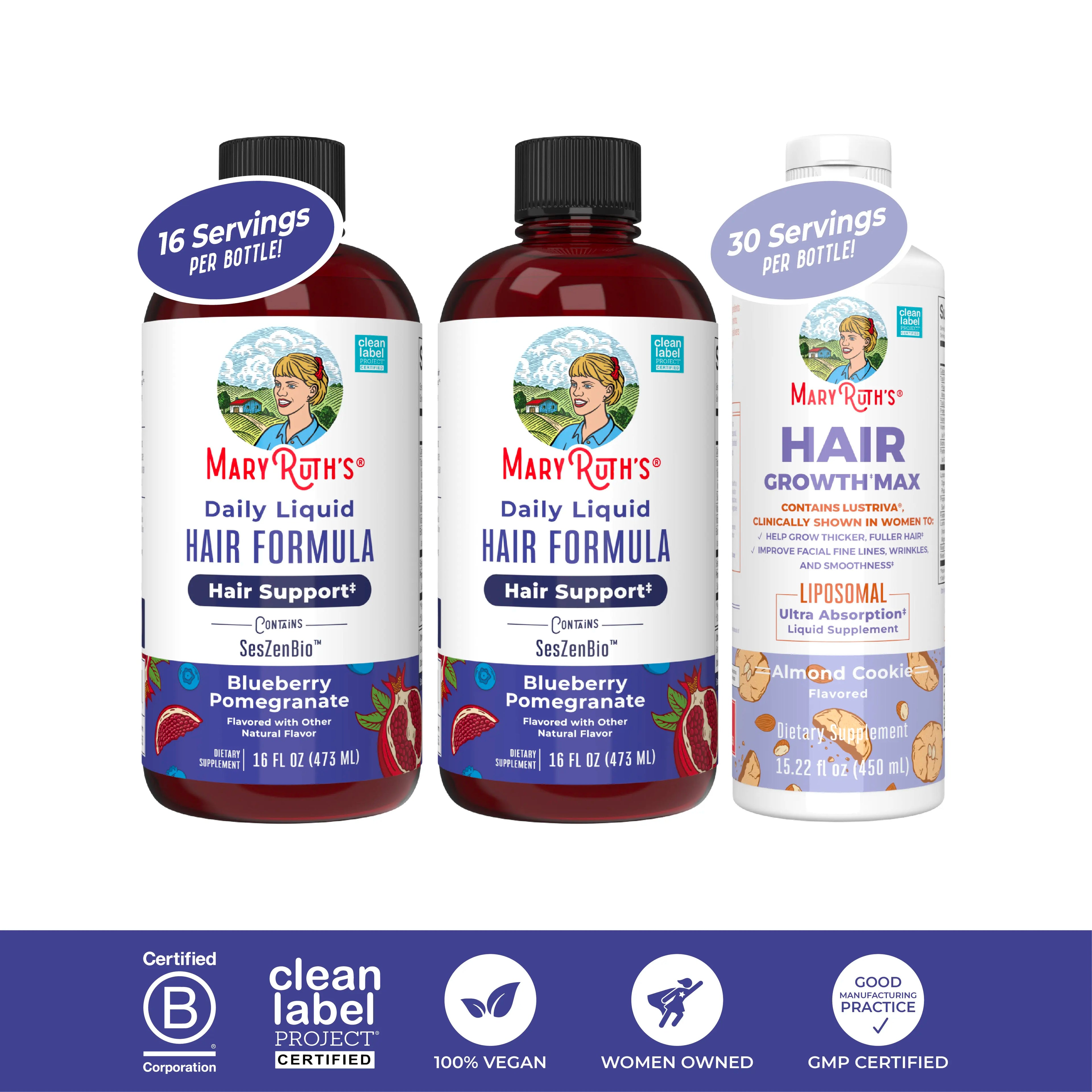 Maryruth’S Advanced Hair Care Trio Bundle - Daily Liquid Hair Formula 16 Oz (2-Pack) - Hair Growth Max Liposomal 15.22 Oz - Thicker, Fuller Hair - Improved Hair Density - Featuring Lustriva & Seszenbio