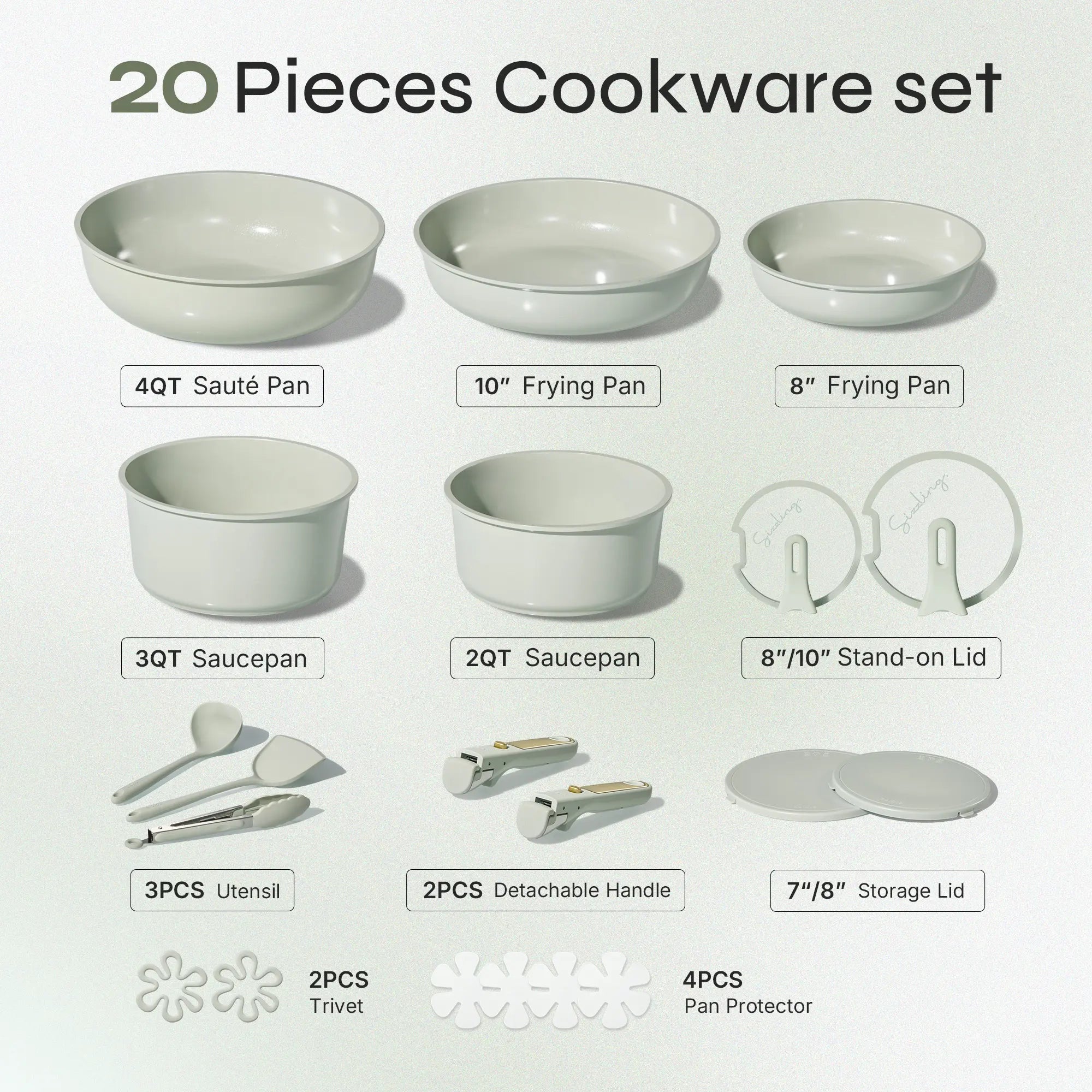 [Official] CAROTE Macaron Color 20Pcs Ceramic Cookware Set Stand-Up Lid with Detachable Handle Set, Non Stick Pots and Pans Set Non Toxic, PFAS Free
